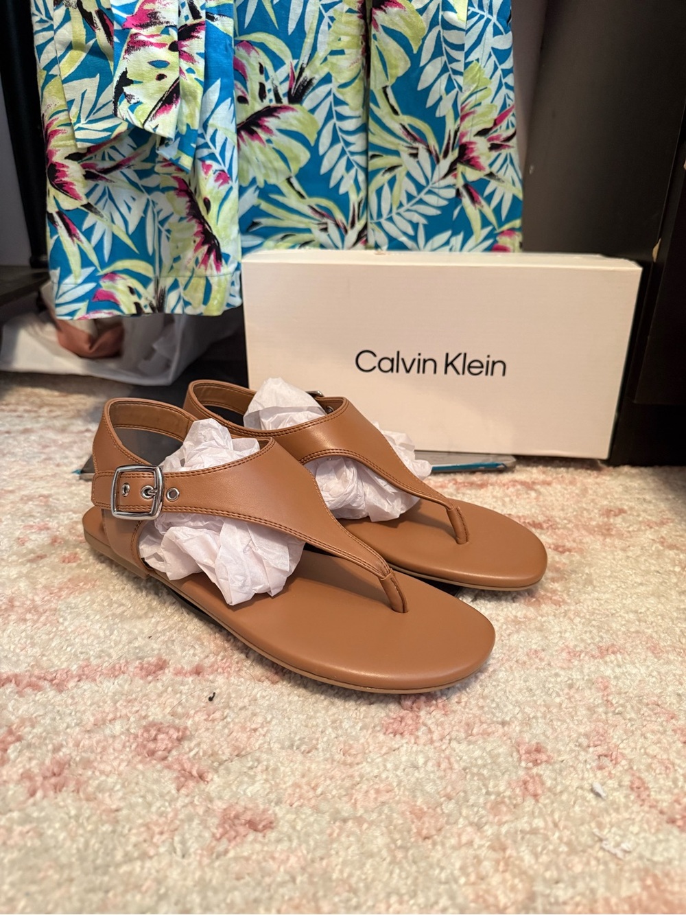 Calvin Klein Brown Leather Thong Sandals with Ankle Buckle